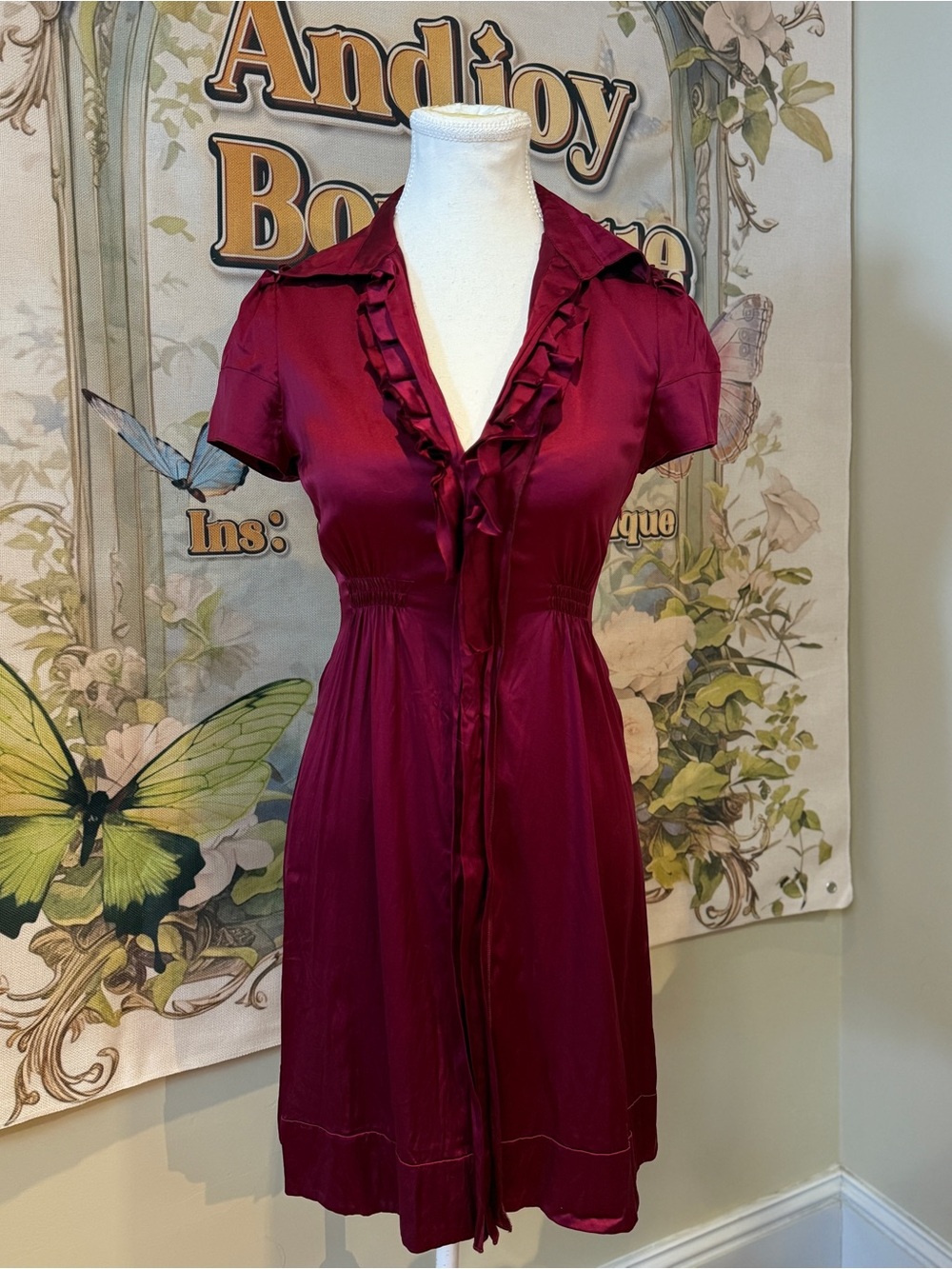 95%Silk Ruffle Front Dress in Deep Berry